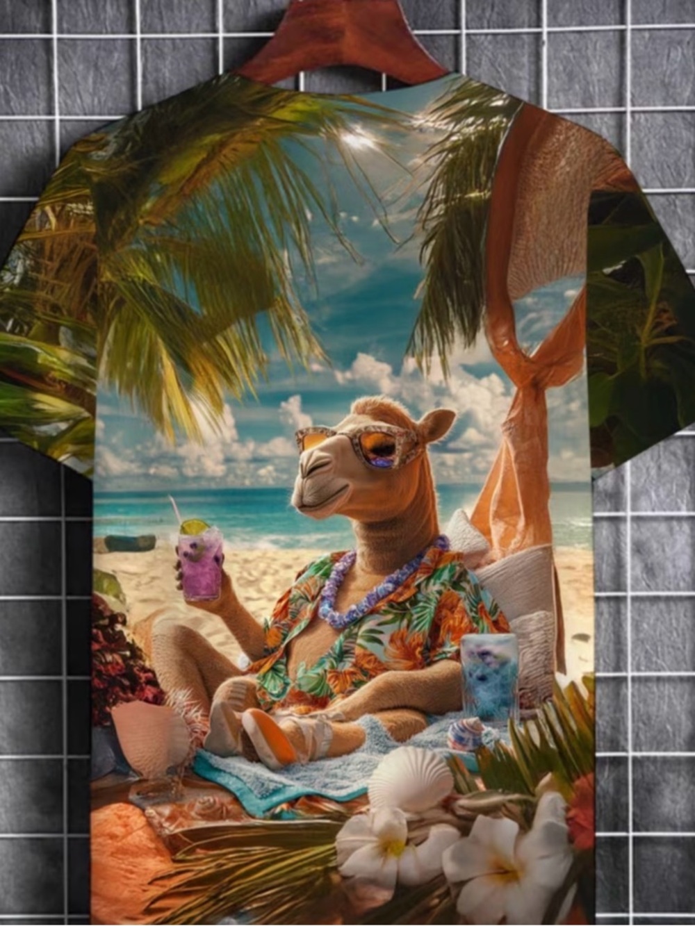 Mens Tropical Camel Beach Graphic Tee — L